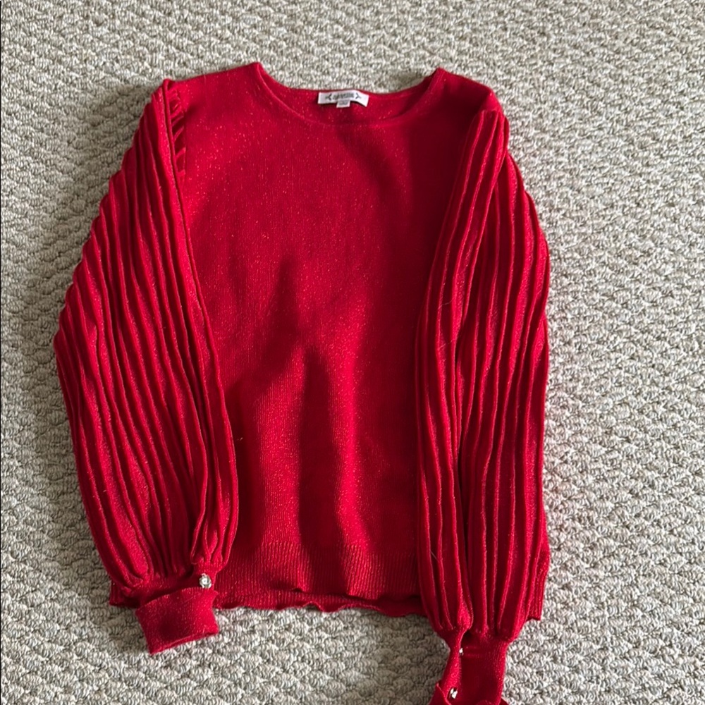 Nannette Red Crew Neck Sweater with Pleated Sleeves